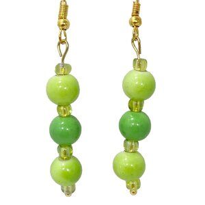 Murano Style Art Glass Bead Ball Earrings Lime Green Gold Plated Seed Beads